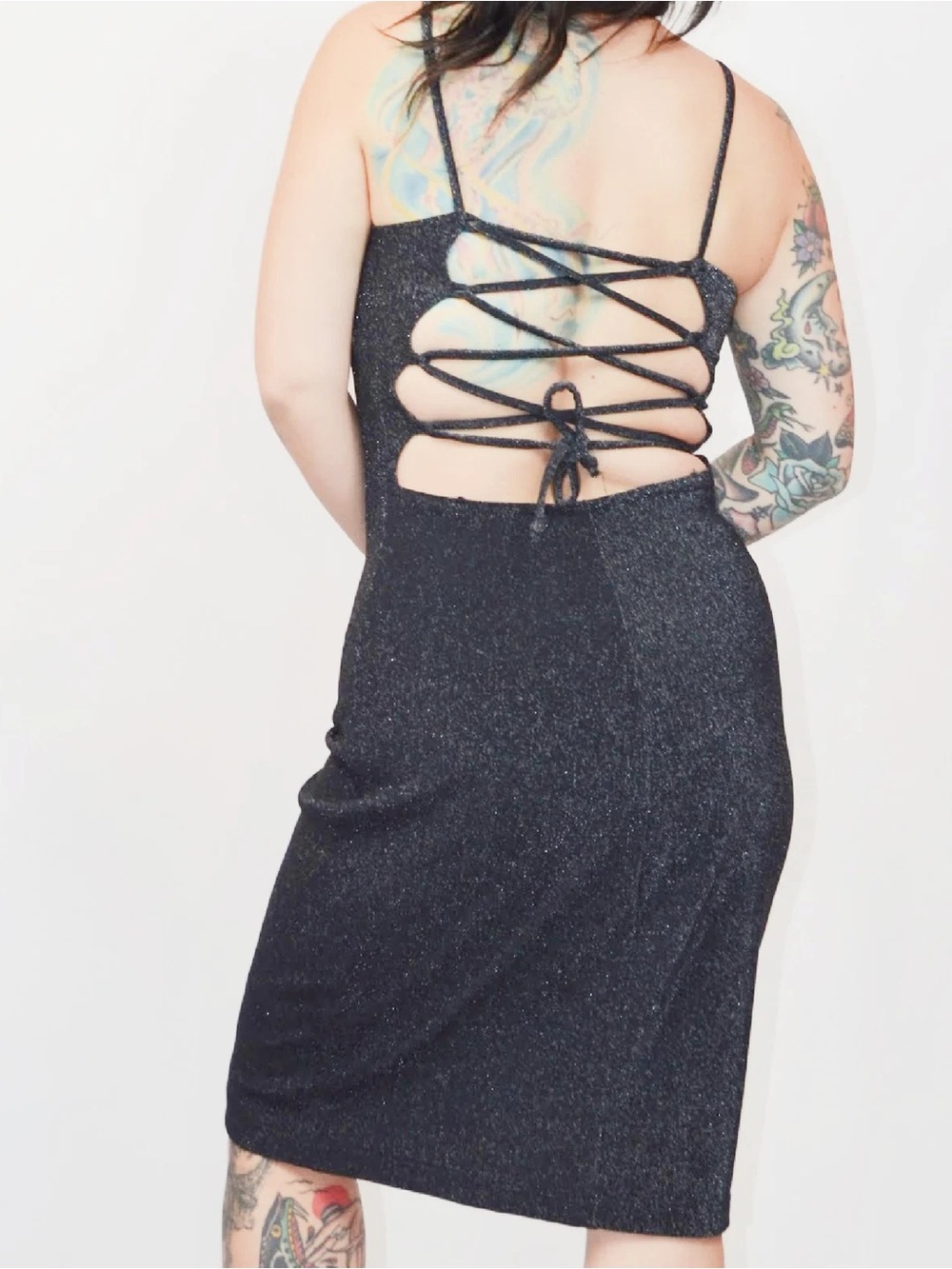 1990s Vintage Black Glitter Lace-Up Back Mini Dress